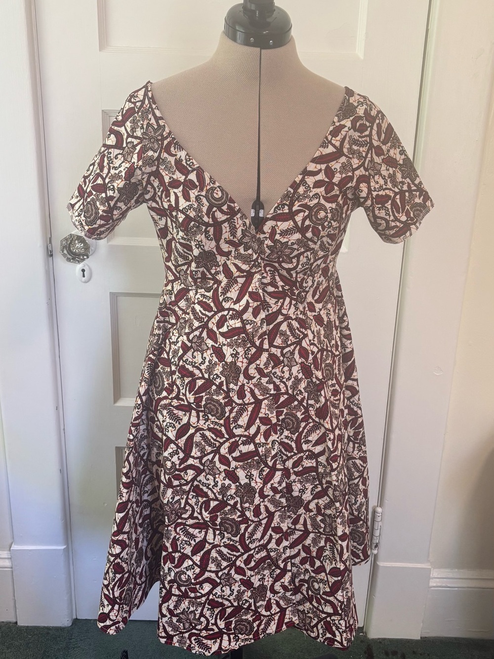 Floral V-Neck Fit & Flare Dress in Burgundy and Cream NWOT Handmade